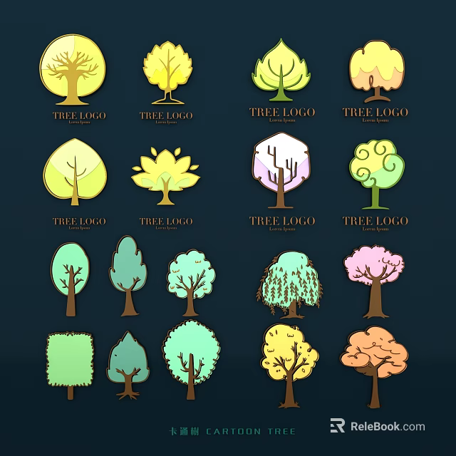 Decorative Wall Decor With Various Tree Logos In Different Shapes And Colors 3d model 