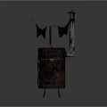 Rusty Vintage Stove With Chimney And Clothesline Hanging Colorful Garments