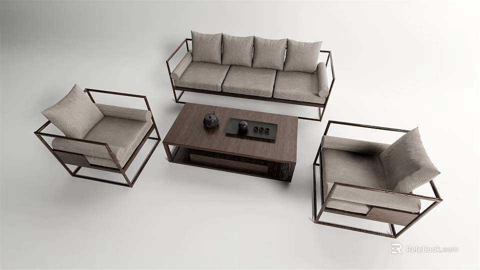 Modern Upholstered Sofa Coffee Table Set With Two Accent Chairs And Decorative Items 3d model