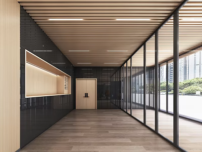 Modern Office Corridor With Wooden Ceiling Linear Lights Glass Partitions And City Greenery Outside 3d model