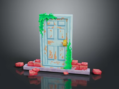 Pixel Style Blue Door With Green Vines And Orange Weathered Marks On Red Brick Base 3d model