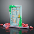 Pixel Style Blue Door With Green Vines And Orange Weathered Marks On Red Brick Base