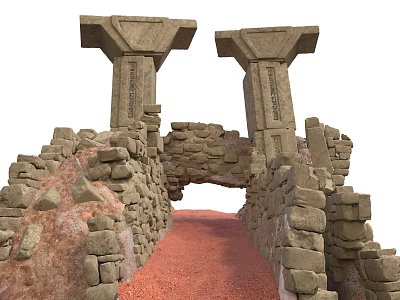 Ancient Stone Architecture With Twin Pillars Archway And Red Sandy Path 3d model