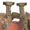 Ancient Stone Architecture With Twin Pillars Archway And Red Sandy Path