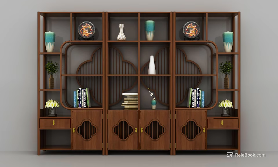Chinese Style Wooden Curio Shelf With Decorative Vases Plates Books And Small Potted Plants 3d model 