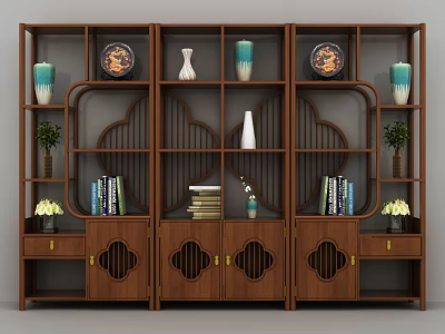 Chinese Style Wooden Curio Shelf With Decorative Vases Plates Books And Small Potted Plants 3d model