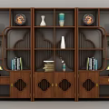 Chinese Style Wooden Curio Shelf With Decorative Vases Plates Books And Small Potted Plants