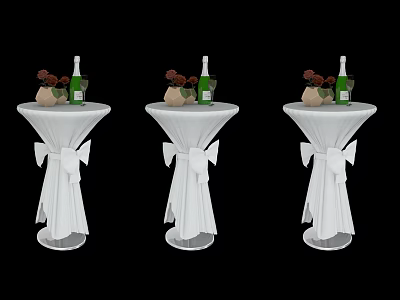 Three Bar Counters With White Tablecloths Bow Decorations Wine Bottles And Flower Bouquets 3d model