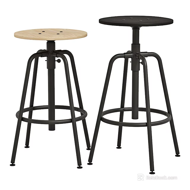 Set of Two Adjustable Bar Stools With Wooden Seat And Black Metal Frame 3d model 