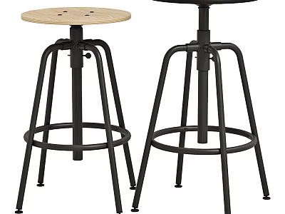 Set of Two Adjustable Bar Stools With Wooden Seat And Black Metal Frame 3d model