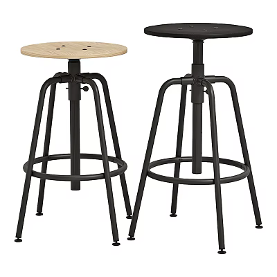 Set of Two Adjustable Bar Stools With Wooden Seat And Black Metal Frame 3d model
