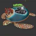 Turtle Shaped Scene Structure With Island Buildings Green Vegetation And Water Area