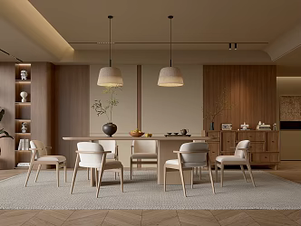 Middle Style Restaurant-Ji Feng Restaurant Dining Table and Chair Combination Sideboard Chandelier Green Plant Decoration 3d model