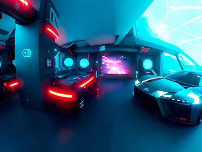 Cartoon Scene of Futuristic Car Showroom with Neon Lights and Sleek Black Sports Car 3d model