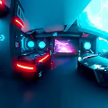 Cartoon Scene of Futuristic Car Showroom with Neon Lights and Sleek Black Sports Car