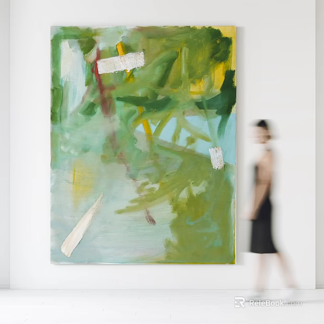 Abstract Painting With Green Yellow Blue Brushstrokes And White Tape Strips On Gallery Wall 3d model 