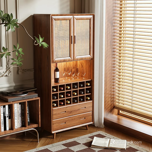 Wooden Wine Cabinet With Rattan Doors Wine Bottles Glasses And Drawers Storage 3d model 
