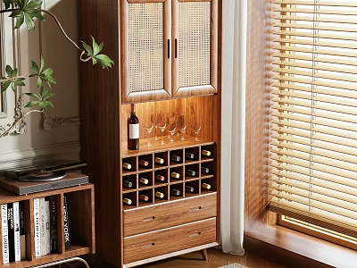 Wooden Wine Cabinet With Rattan Doors Wine Bottles Glasses And Drawers Storage 3d model