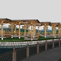 Wooden Pergola Structure Over Pond With Green Trees Grass And Blue Sky