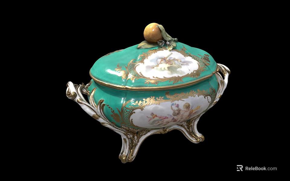 Ornate Green Lidded Ceramic Vessel With Fruit Shaped Handle Golden Accents And Decorative Patterns 3d model 