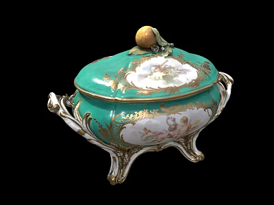 Ornate Green Lidded Ceramic Vessel With Fruit Shaped Handle Golden Accents And Decorative Patterns 3d model