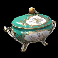 Ornate Green Lidded Ceramic Vessel With Fruit Shaped Handle Golden Accents And Decorative Patterns