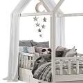 White Frame Kids Bed With Canopy Curtains Moon And Star Decorations Pillows And Stuffed Toys