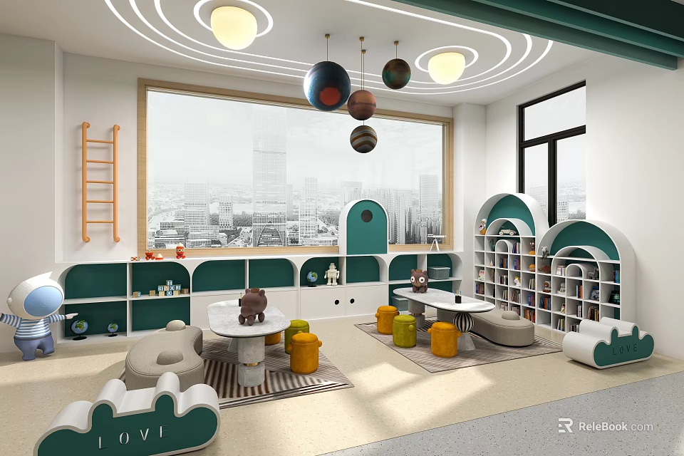 Modern Children Playroom With Large Windows Colorful Stools And Cloud Seats 3d model