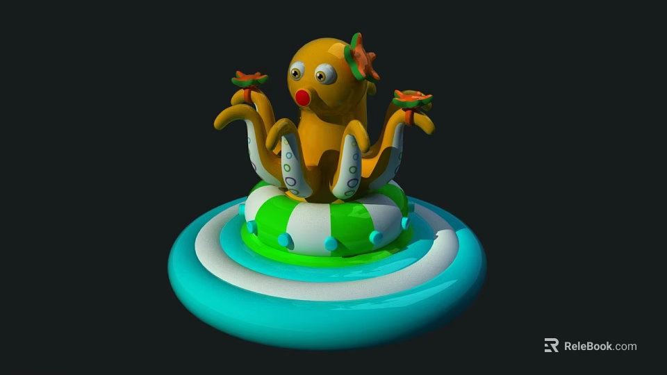 Cute Cartoon Yellow Octopus With Flower On Head And Tentacles On Blue White Green Base 3d model 