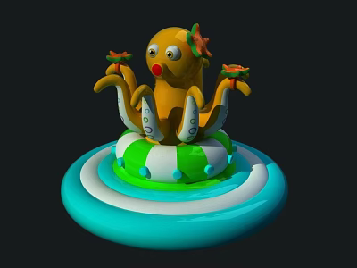 Cute Cartoon Yellow Octopus With Flower On Head And Tentacles On Blue White Green Base 3d model