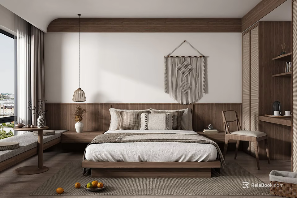 Natural Wooden Bedroom Interior With Linen Bed Pillows Macramé Wall Hanging Pendant Light And Rug 3d model 