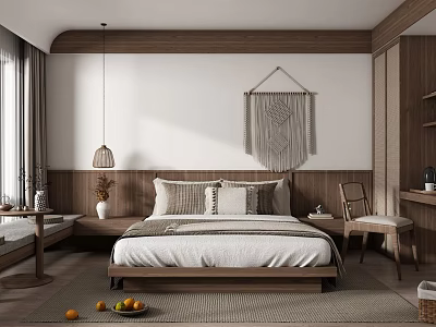Natural Wooden Bedroom Interior With Linen Bed Pillows Macramé Wall Hanging Pendant Light And Rug 3d model
