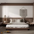 Natural Wooden Bedroom Interior With Linen Bed Pillows Macramé Wall Hanging Pendant Light And Rug