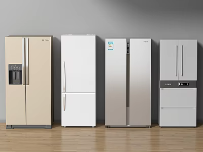 Various Style Refrigerators in Beige White Silver Colors On Wooden Floor 3d model