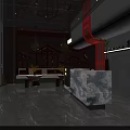 Elegant Hotel Lobby With Red Accents Chandeliers Sofa Seating Potted Plants And Marble Reception Desk