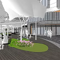 Modern Sales Office Building With Green Roof Large Glass Windows And Landscaped Central Plaza