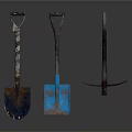 Set of Three Hardware Tools Including Blue Shovel Rustic Shovel and Red Hoe