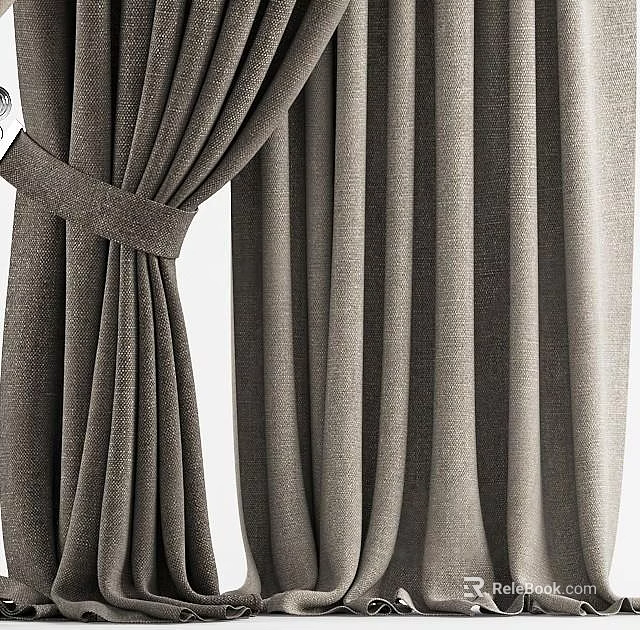 Elegant Gray Linen Window Curtains with Pleated Design and Tie Back 3d model 
