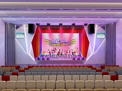Vibrant Stage Performance With Red Curtains Performers And Audience Seats In Venue 3d model