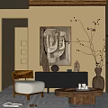 Quiet Tea Table Ancient Sofa Tea Table Combination Decorative Painting Side Cabinet Pottery Pot Ornaments Leisure Sofa 3d model