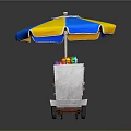 Colorful Street Food Cart With Yellow Blue Umbrella And Various Snacks Drinks