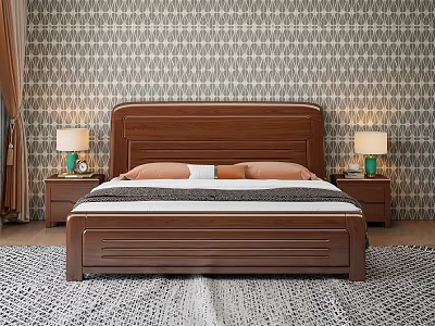 Classic Wooden Double Bed with Headboard Nightstands Table Lamps and Patterned Wallpaper Rug 3d model