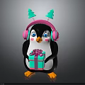 Adorable Penguin Wearing Pink Headphones With Green Christmas Trees Holding Gift Box With Pink Bow