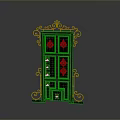 Ornate Dark Brown Wooden Door With Intricate Carvings And Iron Decorative Scrolls