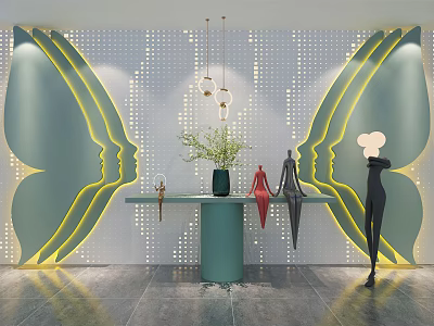 Light Green Butterfly Shaped Perforated Wall Design With Yellow Lines Green Table And Pendant Lights 3d model