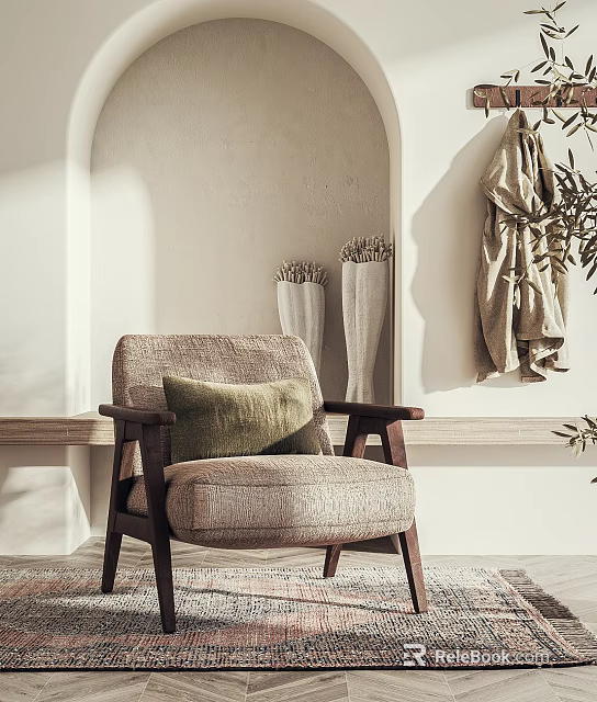 Cozy Fabric Armchair With Green Pillow And Decorative Vases Hanging On Light Wall 3d model 