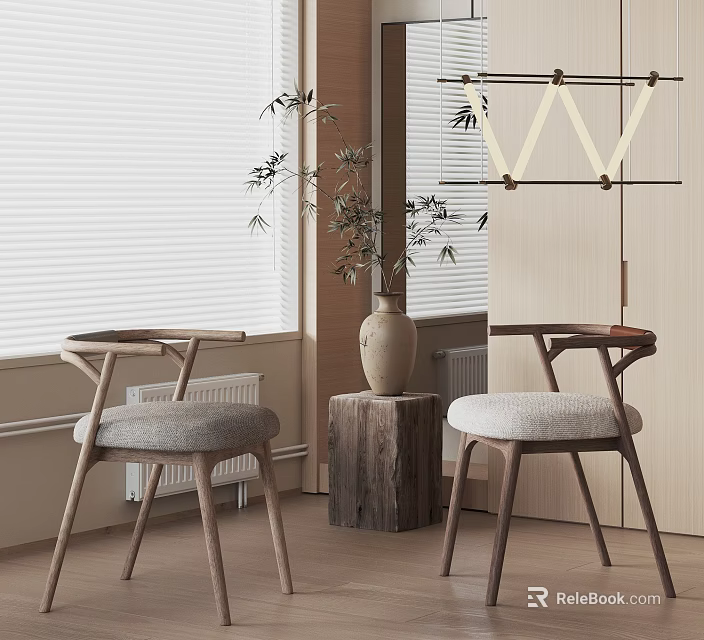 Modern Leisure Chairs With Wooden Frame Gray Cushions And Plant By Window 3d model 
