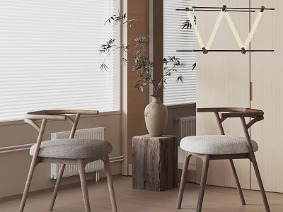 Modern Leisure Chairs With Wooden Frame Gray Cushions And Plant By Window 3d model