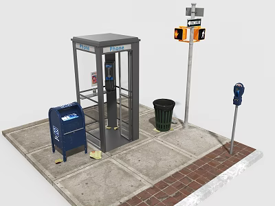 Urban Roadside Facilities Including Telephone Booth Trash Can Parking Meter And Traffic Sign 3d model