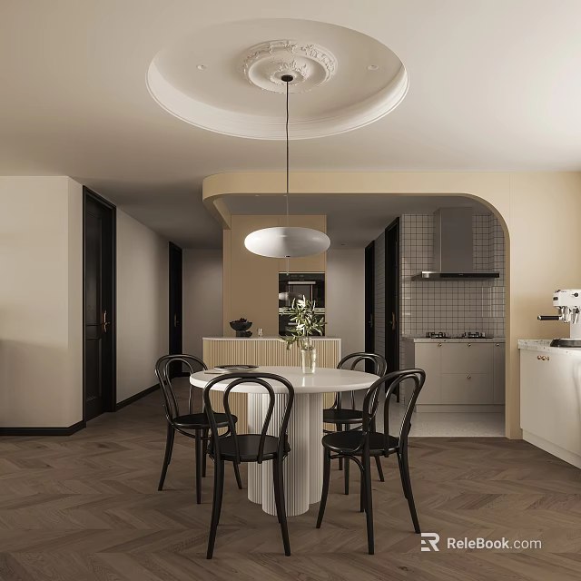Modern Restaurant Interior With Round White Dining Table Black Chairs And Pendant Light 3d model